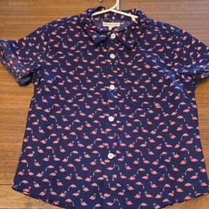 Flamingo Print Button Down Shirt - Navy and Pink